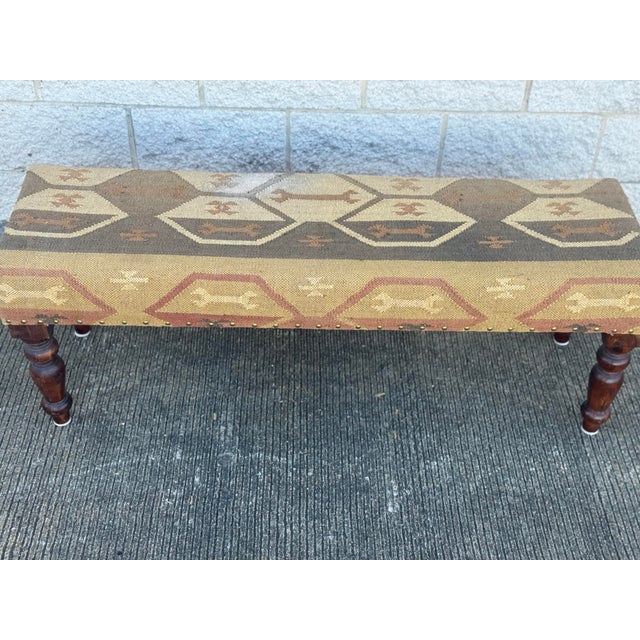 Traditional Mid 20th Century Upholstered Bench With Kilim Style Fabric and Turned Wood Legs For Sale - Image 3 of 12