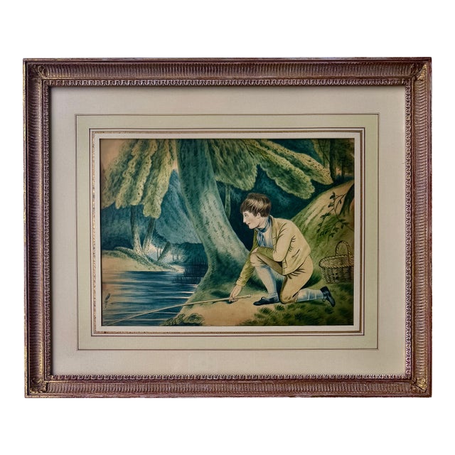 Framed English Regency Hand-Colored Boy Fishing After Richard Westall, Dated 1812 For Sale