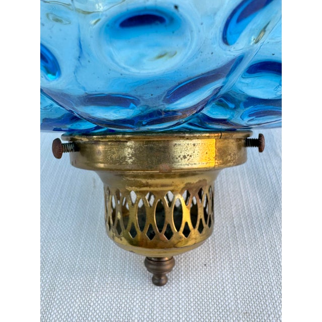 1960s Vintage Optic Coin Dot Blue Glass Lantern With Brass Canopy For Sale - Image 10 of 11