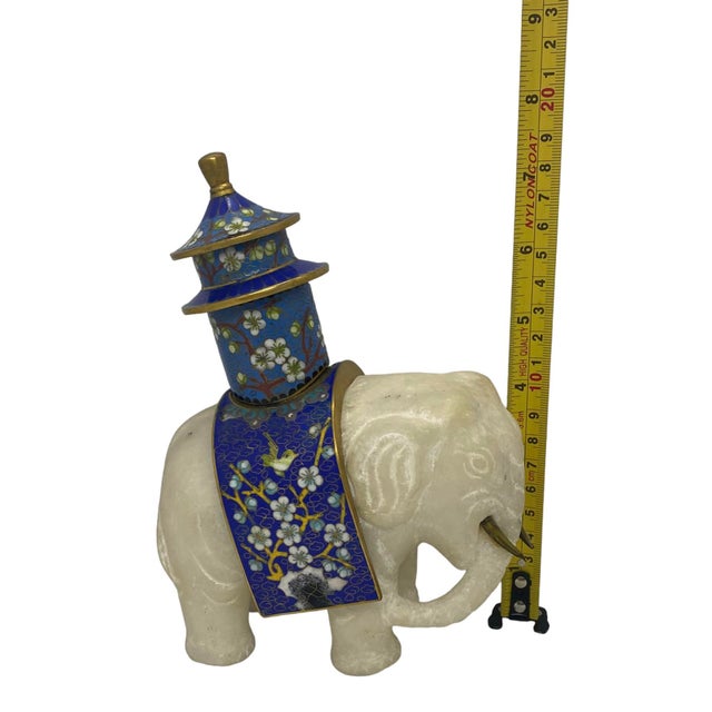 Vintage Japanese Carved Alabaster Elephant Figurine With Blue Cloisonné Ink Well With Cherry