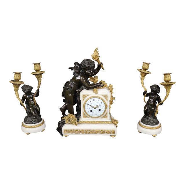 Fine Marble and Bronze Figural Clock Candelabras by Lemerle Charpentier For Sale
