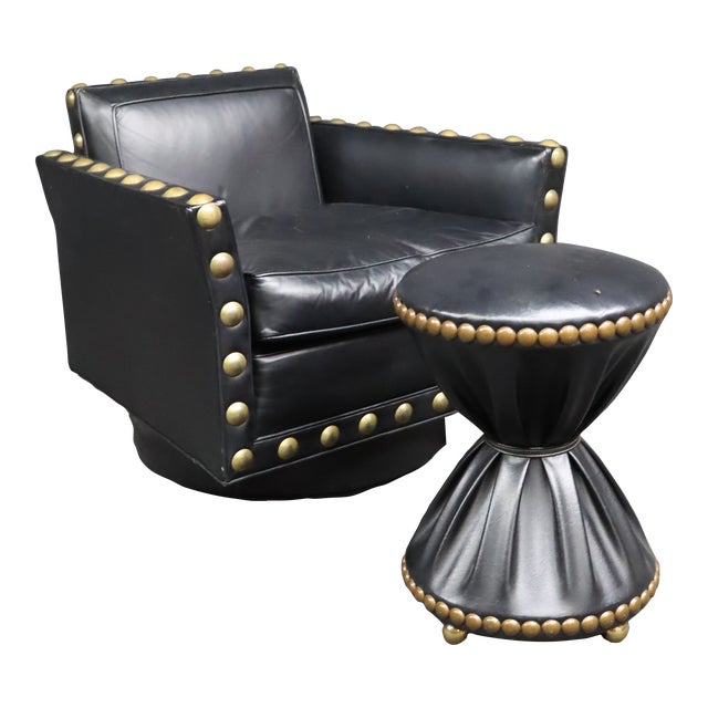 Baker 1960's Art Deco Style Swivel Chair & Ottoman For Sale