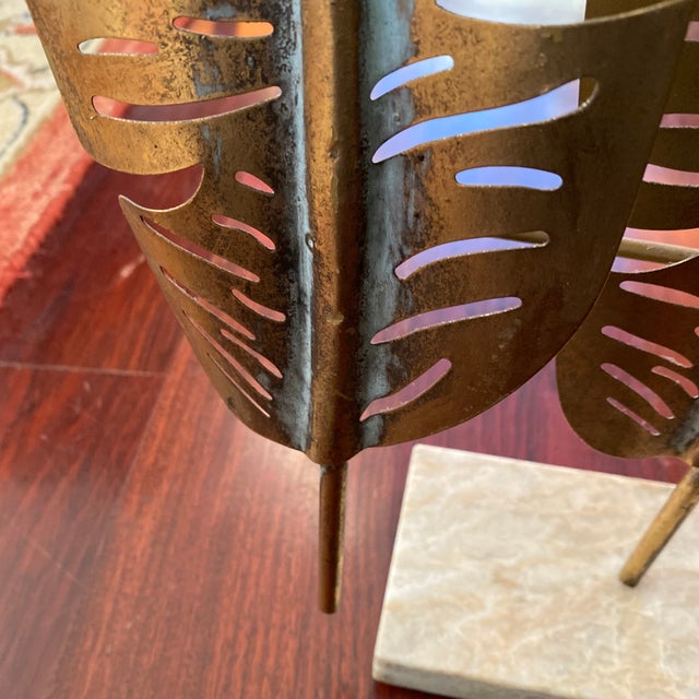 Banana Leaf Metal Sculpture With Distressed Gold Tone Finish Mounted on a Marble Base For Sale - Image 11 of 12