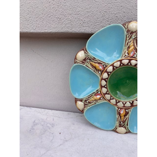 Victorian Victorian Majolica Aqua Oyster Plate by Minton, Ceramic, England, 1880 For Sale - Image 3 of 4