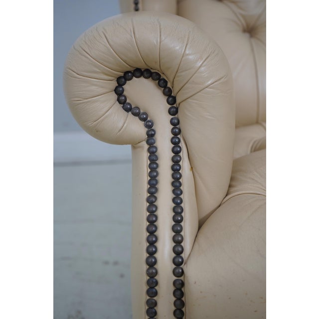 Chesterfield Style Tufted Creme Leather Wing Chair For Sale - Image 11 of 12