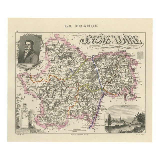 Antique Map of the Saône-Et-Loire, Mâcon and Chalon by Vuillemin, 1860 For Sale