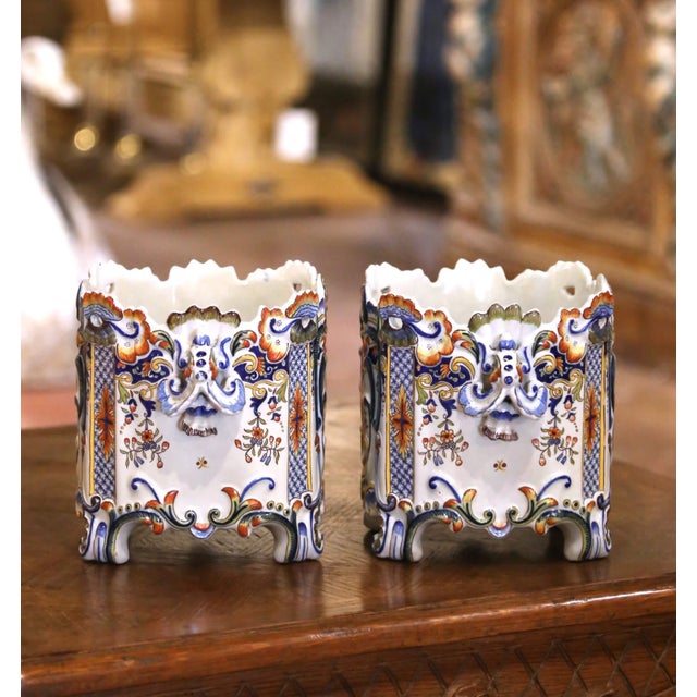 Sculpture Materials Pair 19th Century French Rouen Faience Cachepots With Applied Masks For Sale - Image 7 of 10