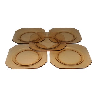 Vintage 1930s Amber Fostoria Mayfair Octagonal Depression Glass Dinner Plates- Set of 5 For Sale