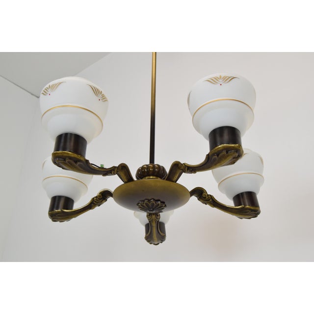 Made of Glass, metal, copper 5xE27 orE26bulb. Re-polished. with aged patina. Good Original condition. Up to 250V...