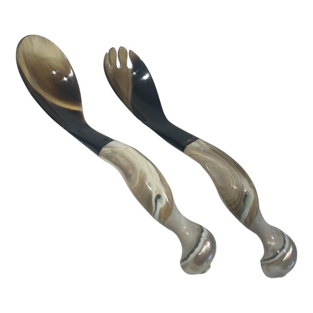 Late 20th Century Artisan Crafted Horn and Shell Serving Utensils - a Pair For Sale