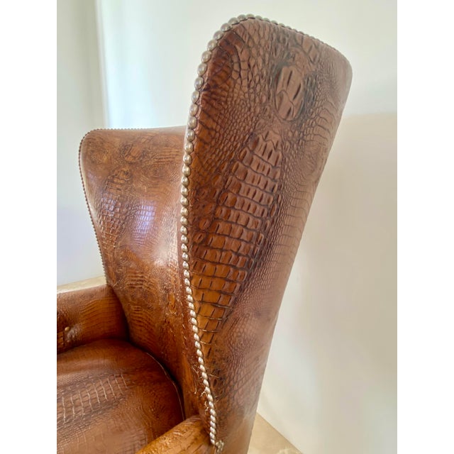 Dessin Fournir Crocodile Embossed Leather Wingback Statement Chair For Sale In Los Angeles - Image 6 of 11