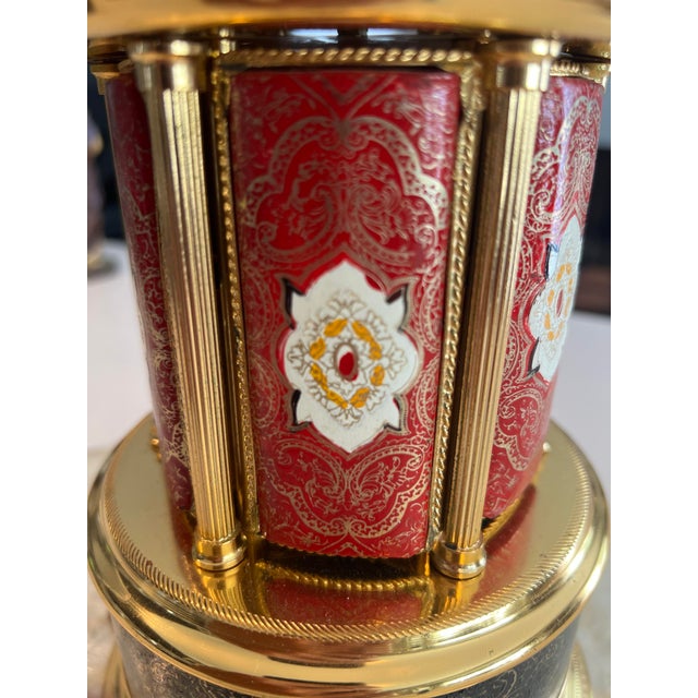 1940s Mid-Century Italian Reuge Ballerina Leather Lipstick Musical Carousel Music Box For Sale - Image 4 of 10