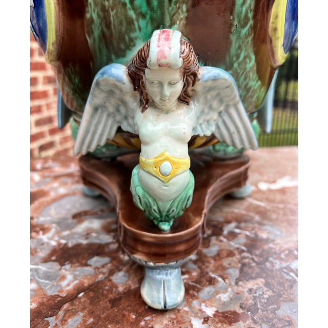 Antique English Majolica Cache Pot Planter Bowl Footed Jardiniere Angels Birds For Sale In Dallas - Image 6 of 13
