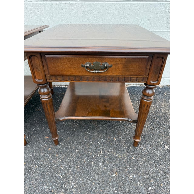 1990s Vintage Ethan Allen Pair of Traditional Style Solid Wood 2 Tier Nightstands Bed Side Tables. For Sale - Image 5 of 12