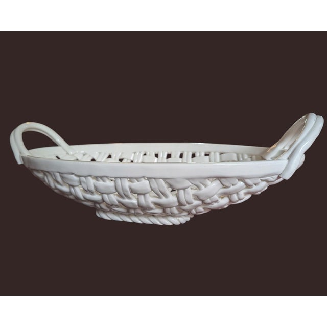 Farmhouse Trompe Loleil Ceramic Woven Basket Tray With Handles For Sale - Image 3 of 16