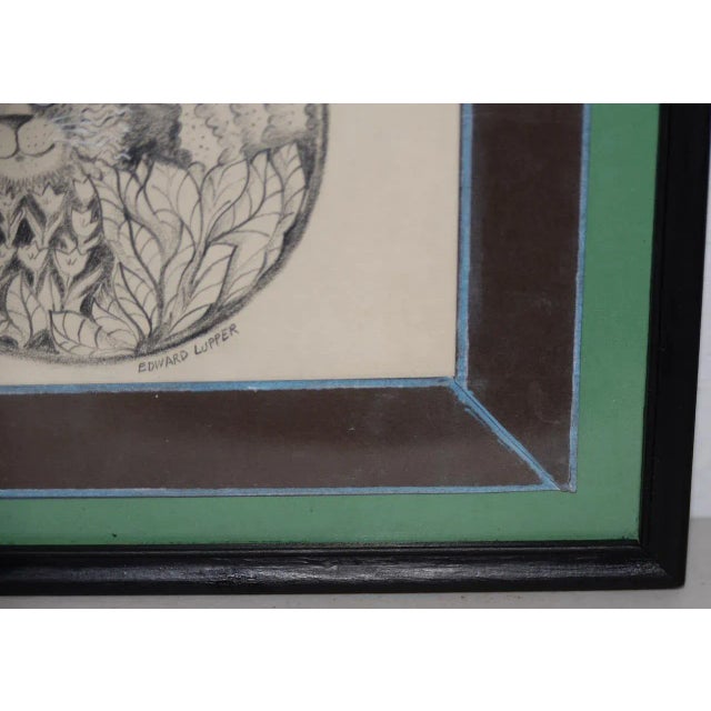 Edward Lupper (1936-2016) "Lion in His Garden" Original Charcoal Drawing C.1960s For Sale - Image 4 of 8