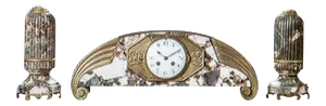 French Art Deco Marble with Bronze Details Clock Set - 3 Pieces