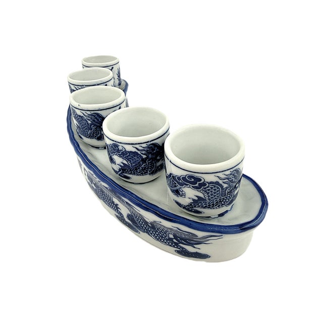 Chinoiserie Asian Moder Bat Trang Vietnam Ceramic Blue & White Dragon Shot Set Hand Painted in a Yin Yang Chinoiserie Motif - Set of 6 For Sale - Image 3 of 9