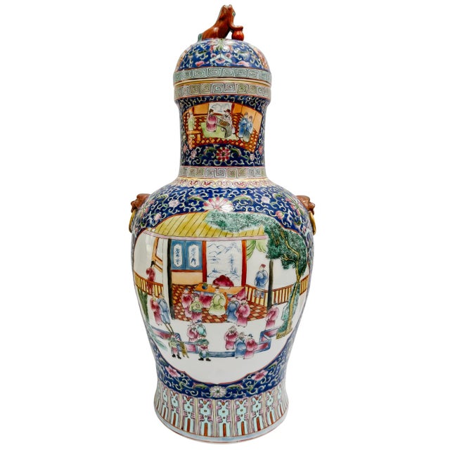 Chinoiserie Monumental 21" Chinese Famille Rose Medallion Porcelain Palace Jars With Foo Dog Lids - A Pair For Sale - Image 3 of 14