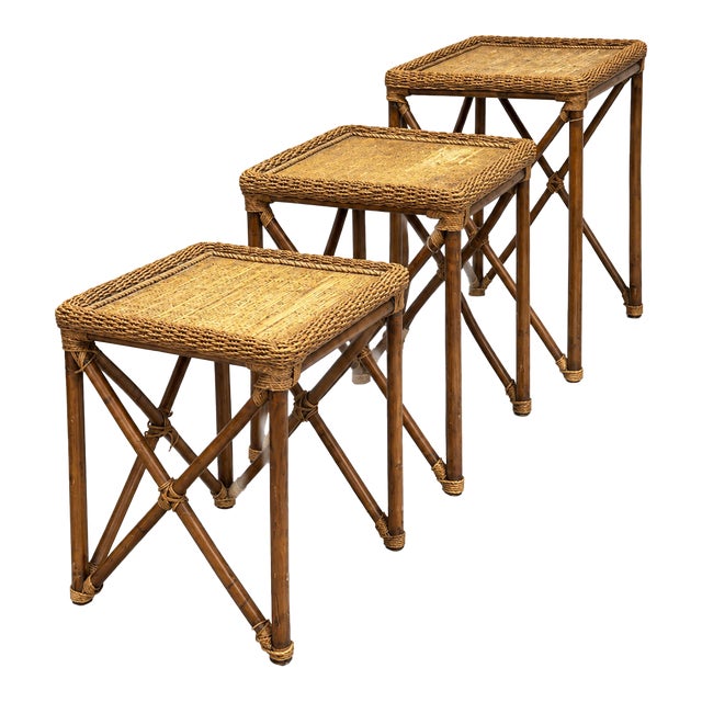 1970s Vintage Coastal Bamboo & Woven Rattan Nesting Tables – Set of 3 For Sale