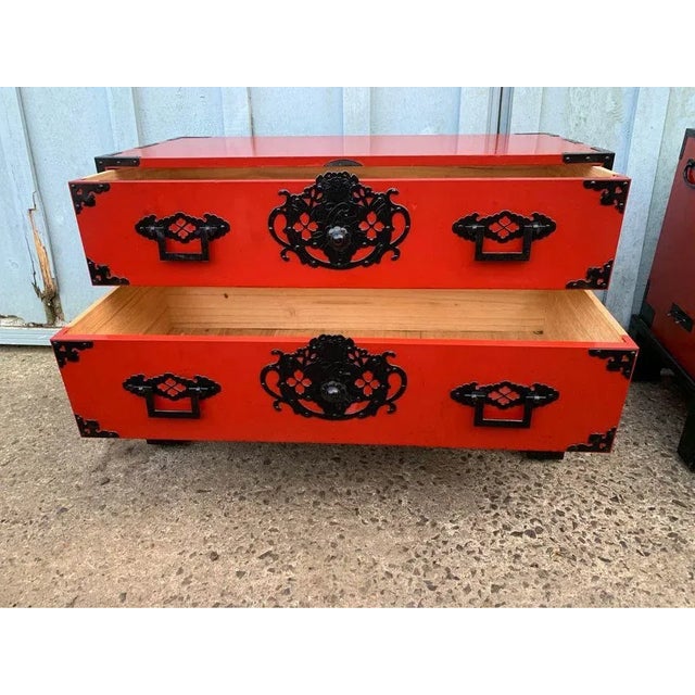Mid 20th Century Vintage Asian Style Red Painted Iron Mounded Campaign Cedar Type Chests. A Pair For Sale - Image 9 of 12