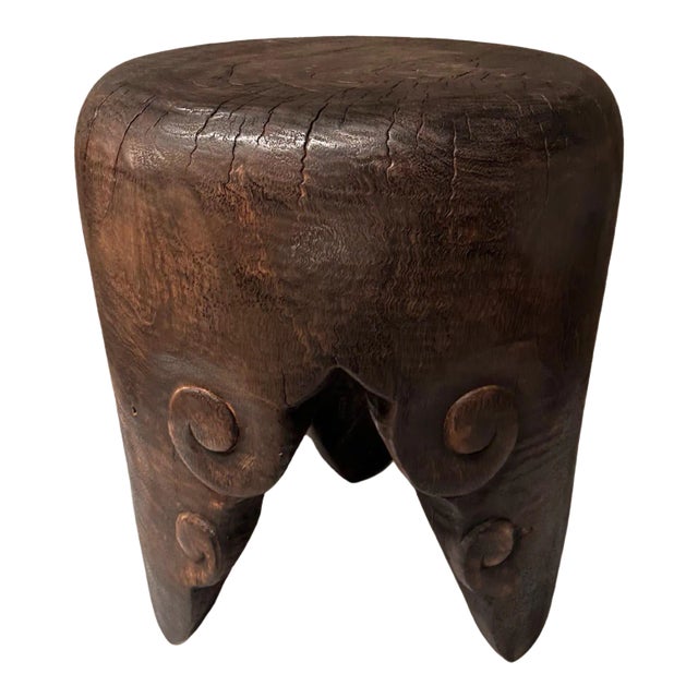 Cloud Pattern Hand-Carved Solid Mango Wood Side Table, Modern Organic, Espresso For Sale