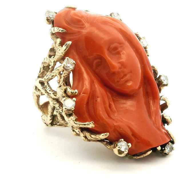 Italian Carved Red Coral Diamond 14k Gold Statement Ring, Circa 1970s, Size 6.25 For Sale - Image 13 of 13