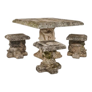 Vintage Cast Stone Garden Dining Set With Dolphin Pedestal Table & Three Matching Stools For Sale