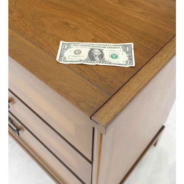 Pair Three Drawers Light Walnut Banded Drawers Drop Pulls Bachelor Chests MINT! For Sale - Image 12 of 13