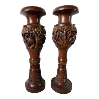 Vintage Handcrafted - Intricate Wildlife Relief Carvings Asian Teak Wood Floor Vases – Pair For Sale