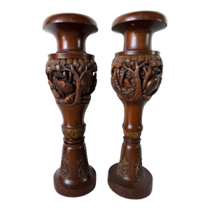 Vintage Handcrafted - Intricate Wildlife Relief Carvings Asian Teak Wood Floor Vases – Pair