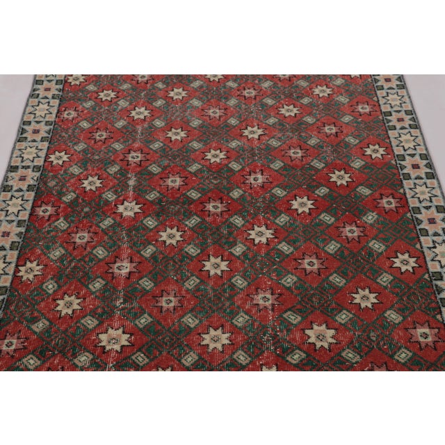 Rug & Kilim Vintage Distressed Rug, Red Diamond Star Lattice Over Rich Brown - Rug & Kilim For Sale - Image 4 of 8