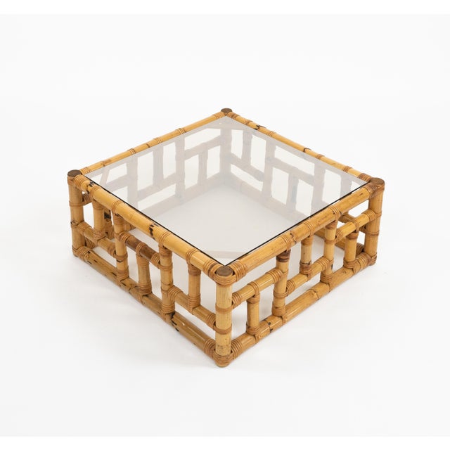 Brown Mid-Century Coffee Table in Bamboo, Rattan and Glass attributed to Vivai del Sud, Italy, 1970s For Sale - Image 8 of 13