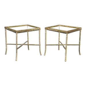 Faux Bamboo Brass Bagues Style Glass Top End Tables Circa 1970 - A Pair