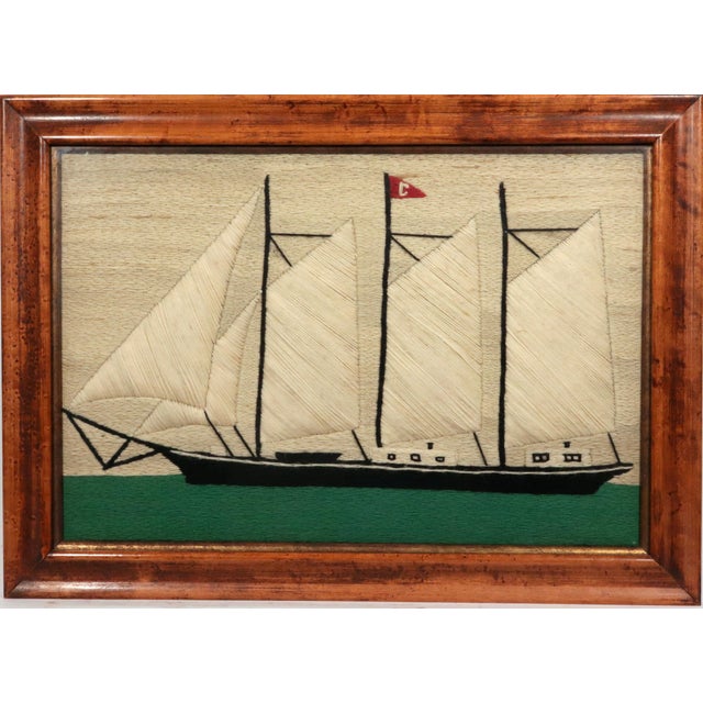 Green British Sailor's Woolwork of a Three-Masted Schooner Under Full Sail For Sale - Image 8 of 8