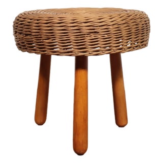 Vintage Tony Paul Wicker Rattan Foot Stool Woven Cane 50's 60's Retro Mid Century Modern Eclectic Boho Bamboo Basket Weave For Sale