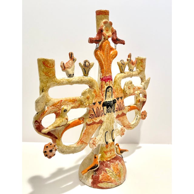 Folk Art Vintage Handmade Mexican Folk Art Ceramic Candelabra Candle Tree Birds Rabbits For Sale - Image 3 of 12