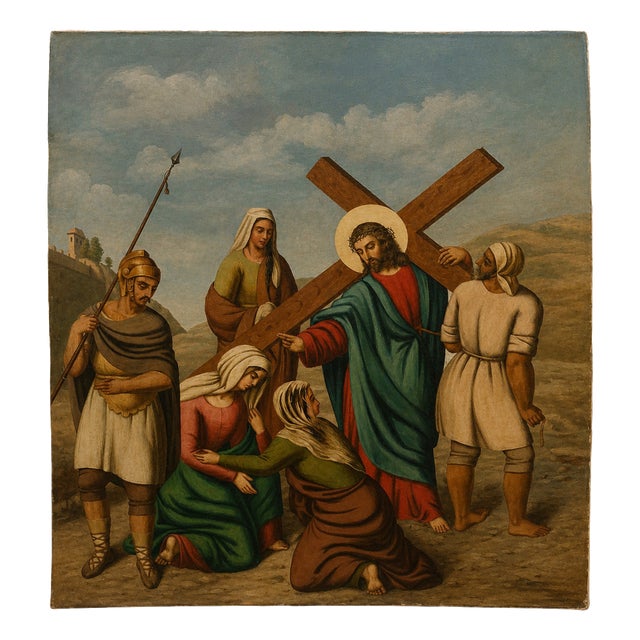 Stations of the Cross Jesus Meets the Holy Women of Jerusalem, 1800s, Oil Painting on Canvas For Sale