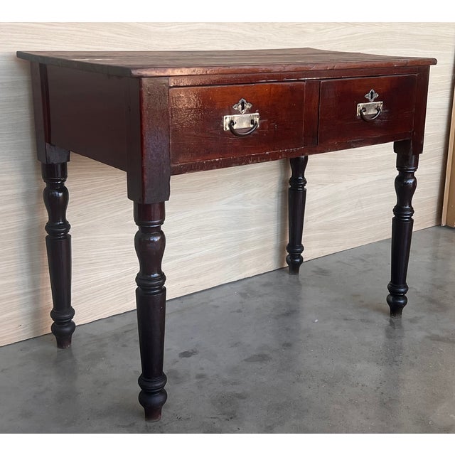 1900 - 1909 Spanish Country Pine "Mobila " Side Table or Console With Two Drawers For Sale - Image 5 of 11