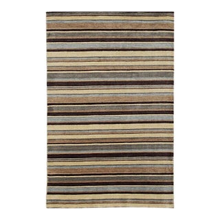5x8 Multicolor Hand-Knotted Wool Earthy Banding Striped Modern Carpet Rug For Sale