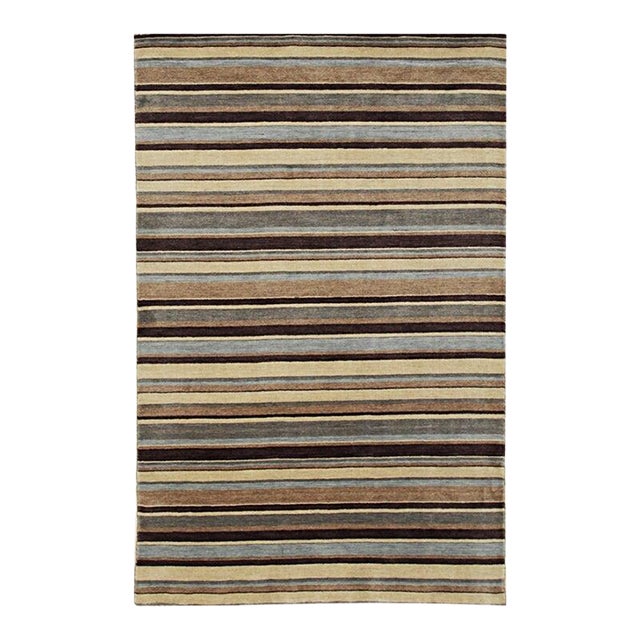 5x8 Multicolor Hand-Knotted Wool Earthy Banding Striped Modern Carpet Rug For Sale