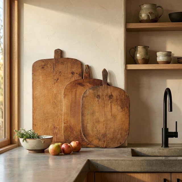 Antique cheese cutting boards (c.1920) Dimensions: Table #1: Width: 77 cm Depth: 39 cm Height: 2 cm Table #2: Width: 69 cm...