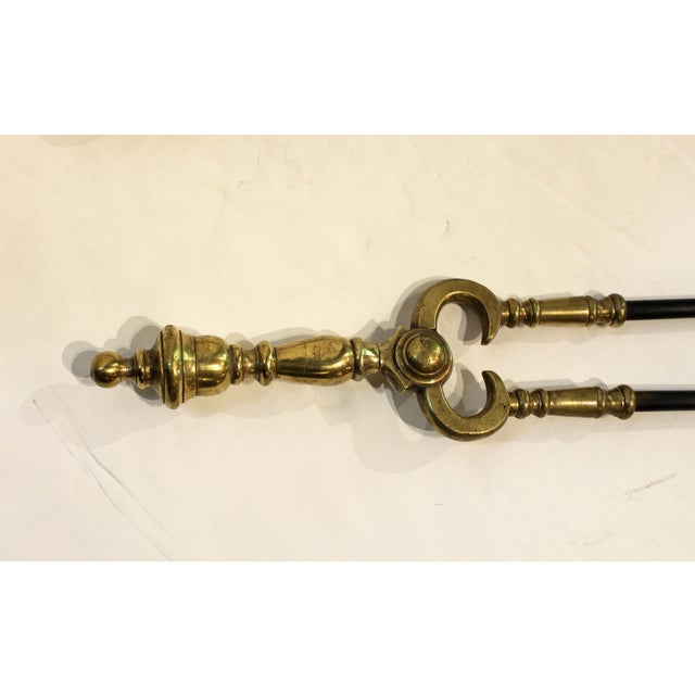 English brass & iron fireplace tools, late 18th century. Georgian period. Tongs & shovel. Bold urn & ball brass handles....