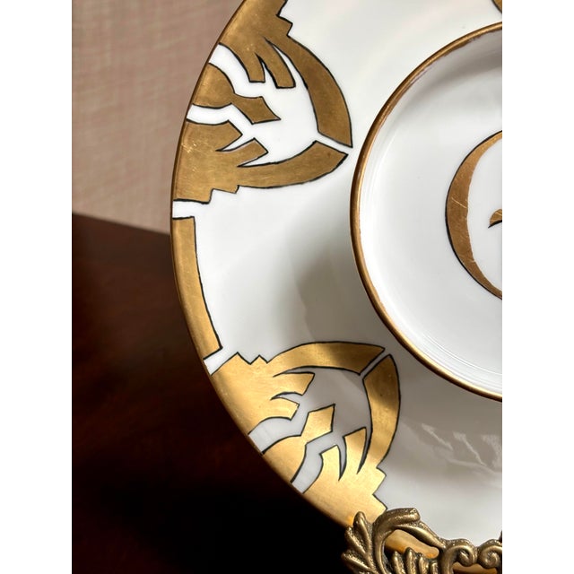Limoges, France Antique Limoges Art Deco 2 Tier Caviar Plate 9.5” Gold Gilt G Mono For Sale - Image 4 of 12