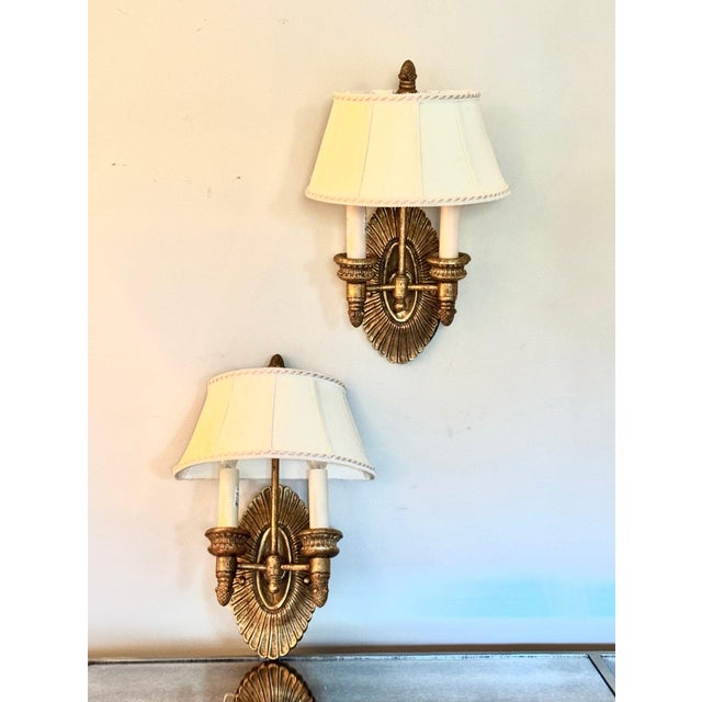 Stunning Pair of Pasquale Miranda for Feiss Neoclassical Sunburst Gilt Wall Sconces For Sale - Image 4 of 10