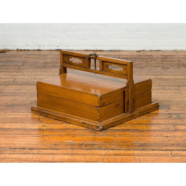 Antique Chinese Wooden Carrying Lunch Box with Pierced Handle For Sale - Image 4 of 13