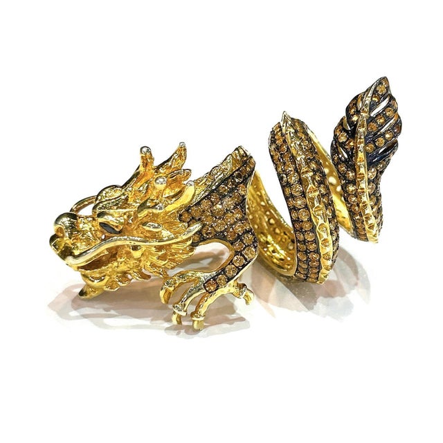 Bochic "Orient" Neoclassical Dragon Yellow Sapphire Ring Set 18K Gold & Silver For Sale - Image 10 of 18