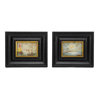 Pair of Venetian Grand Tour Miniature Marine Views in Ebonized Frames For Sale