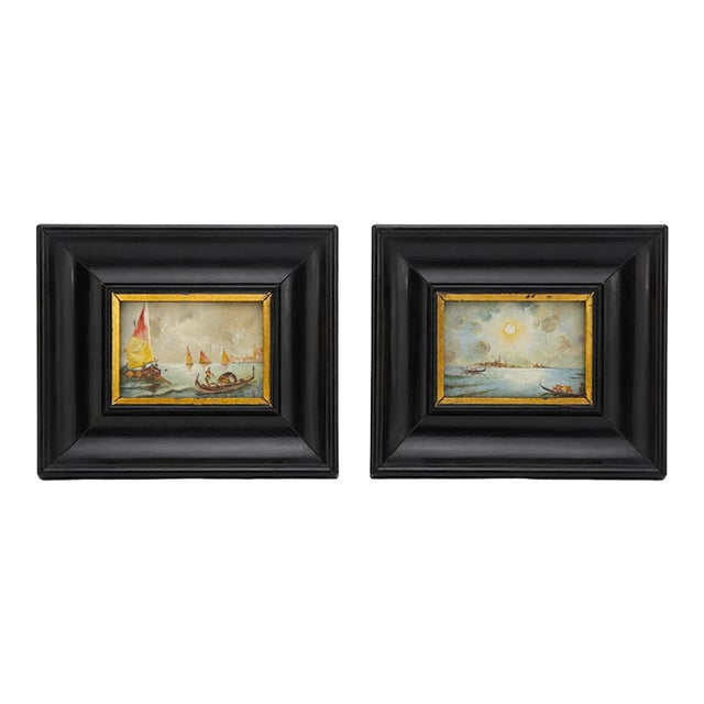 Pair of Venetian Grand Tour Miniature Marine Views in Ebonized Frames For Sale