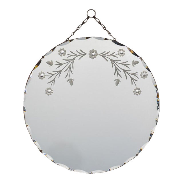 1930s French Art Deco Etched Circular Beveled Mirror For Sale